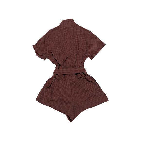 Fabletics Ripstop Short Onesie Romper Sepia Brown Grid Plaid Gorpcore Mock Neck - Picture 3 of 4